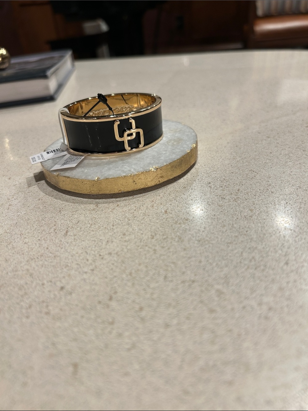 Black Enamel Hinged Bangle Bracelet with Gold Accents Chicos New, quiet luxury